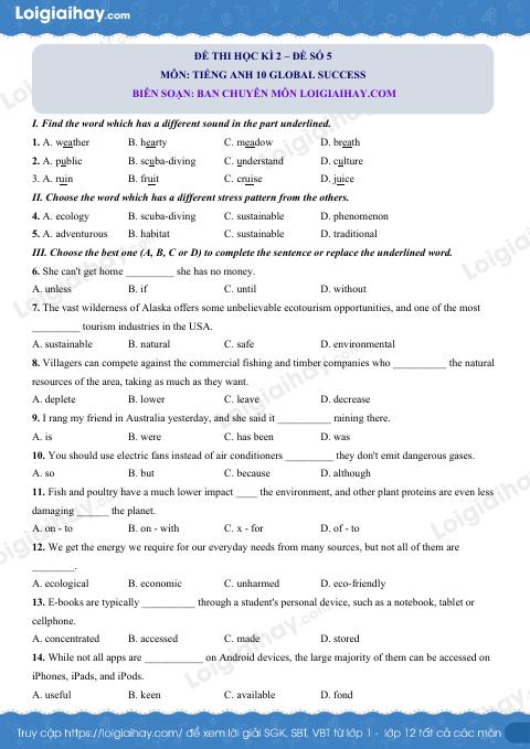 Đề thi học kì 2 Tiếng Anh 10 Global Success - Đề số 5